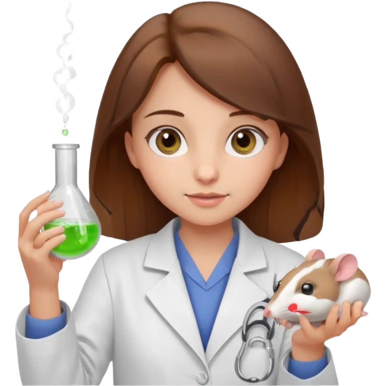 a cute brown haired girl with hazel eyes holding a white mice in hand doing experiment in lab emoji