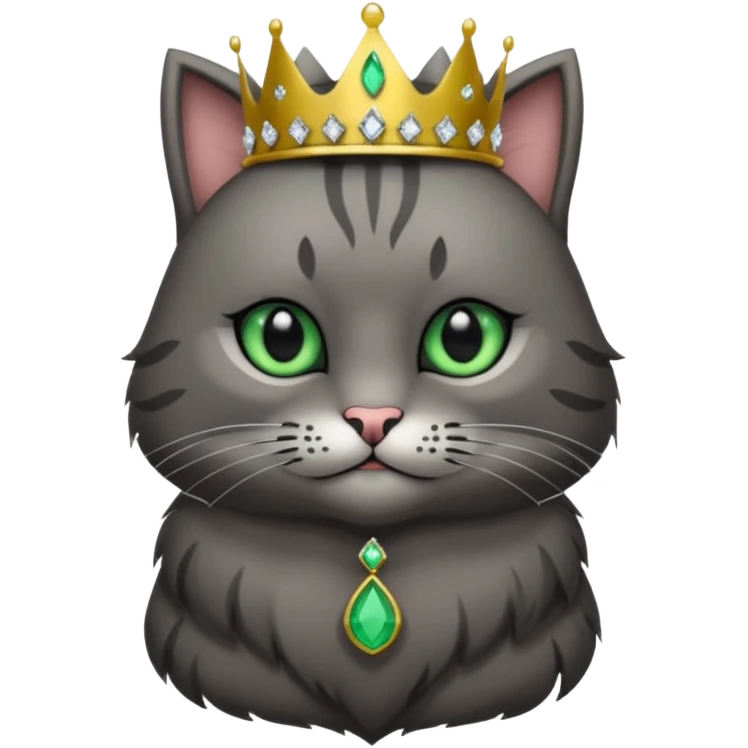 Gatito gris oscura con rayas negras ojos verdes vestida de reina con coronas y diamantes, más peluda y gordura  emoji