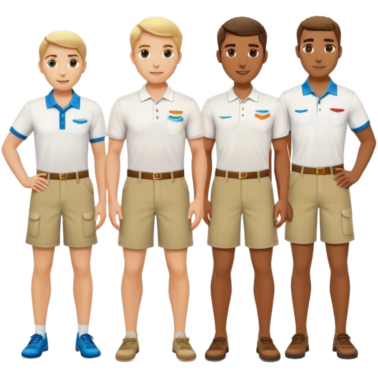 Group of pool attendants. plain white polos, khaki shorts. various races emoji
