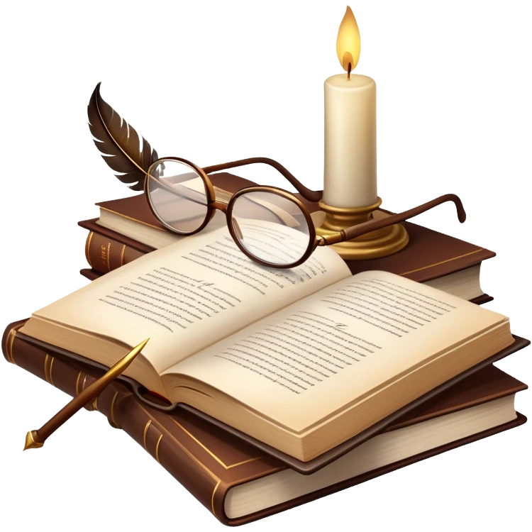 An icon showing an open classic book with elegant pages, a feather quill, and reading glasses resting on top. Behind it, a stack of literary works and a candle evoke deep study and timeless stories. Transparent background highlights the analysis of literature and texts. emoji