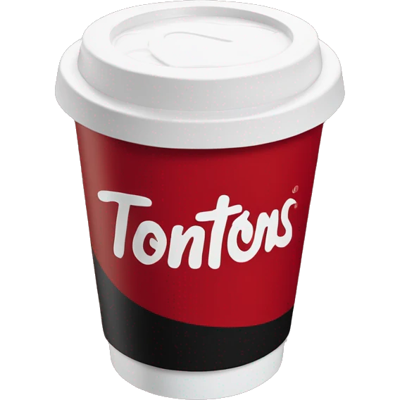 “Red Tim Hortons coffee cup with bold white script logo, black plastic lid, and smooth, minimalist design.” emoji