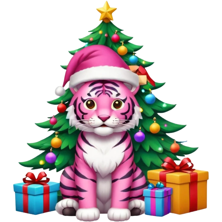Pink tiger with Santa sitting by a brightly lit colorful Christmas tree with gifts 🎁  emoji