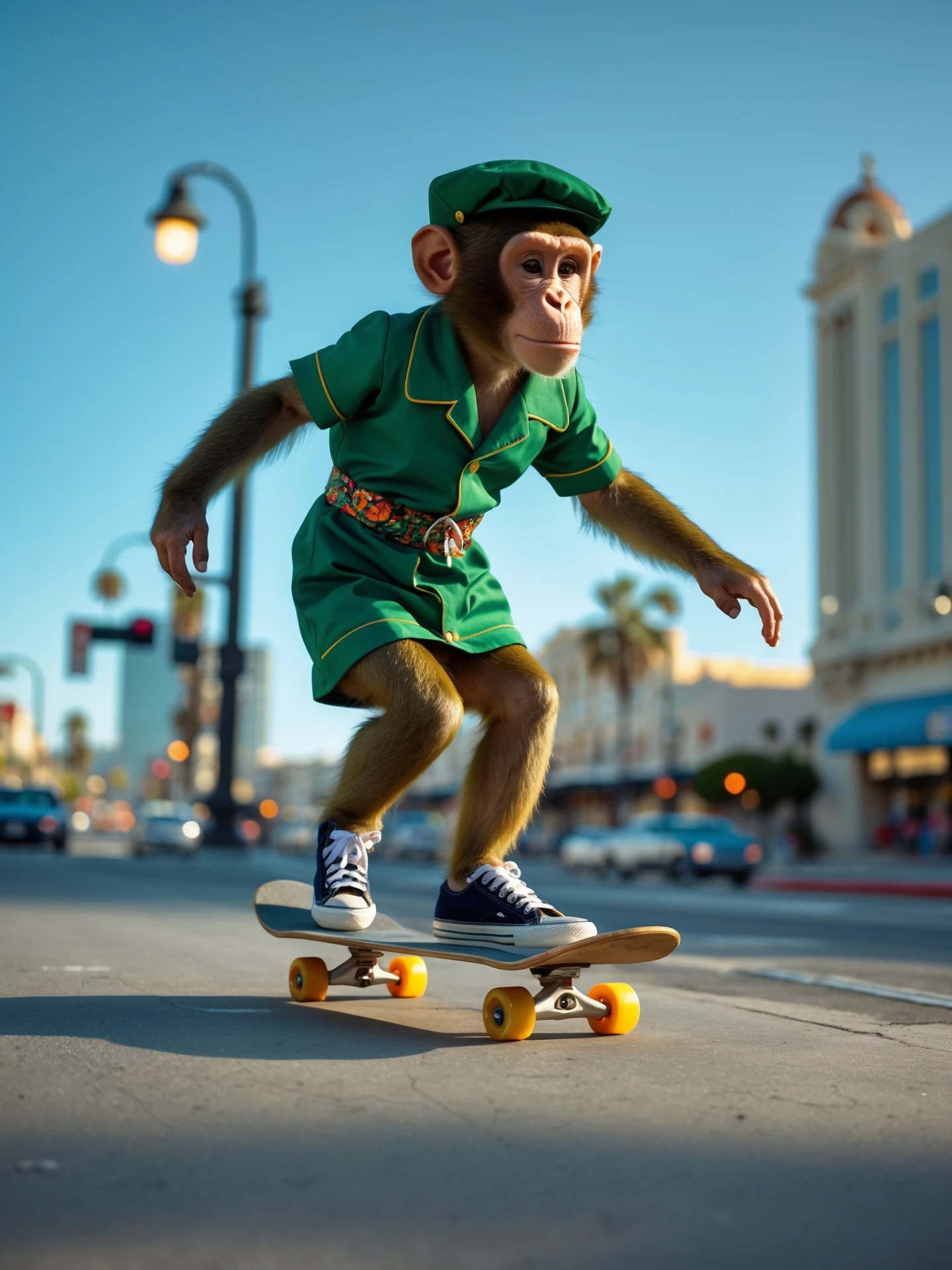 Disney style, Cinematic still scane, Low angle medium shot, monkey dress in green outfit, monkey ride on skateboard, san francisno downtown with city lanscape, blue clean sky, captured by ARRI Alexa XT, soft cinematic lightning emoji