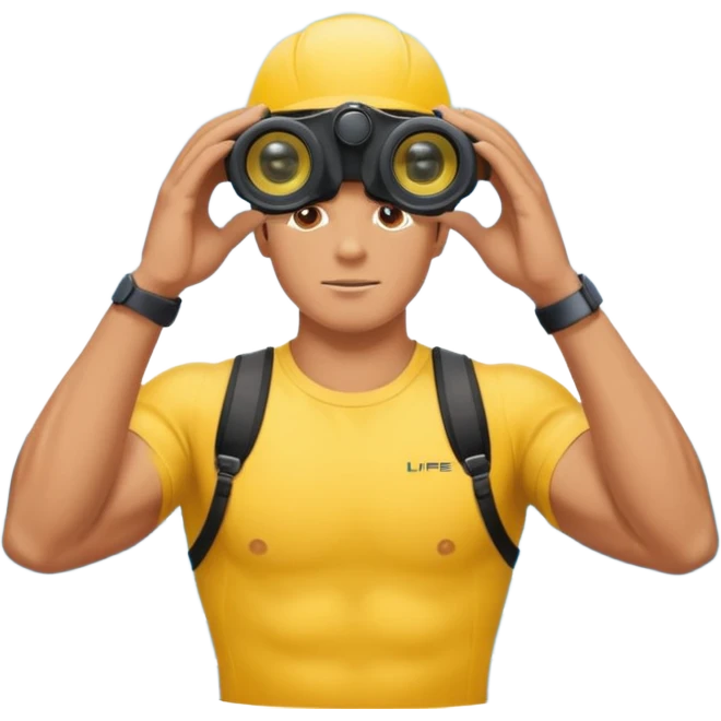Male lifeguard – yellow shirt, binoculars in hand, scanning the sea, full body emoji