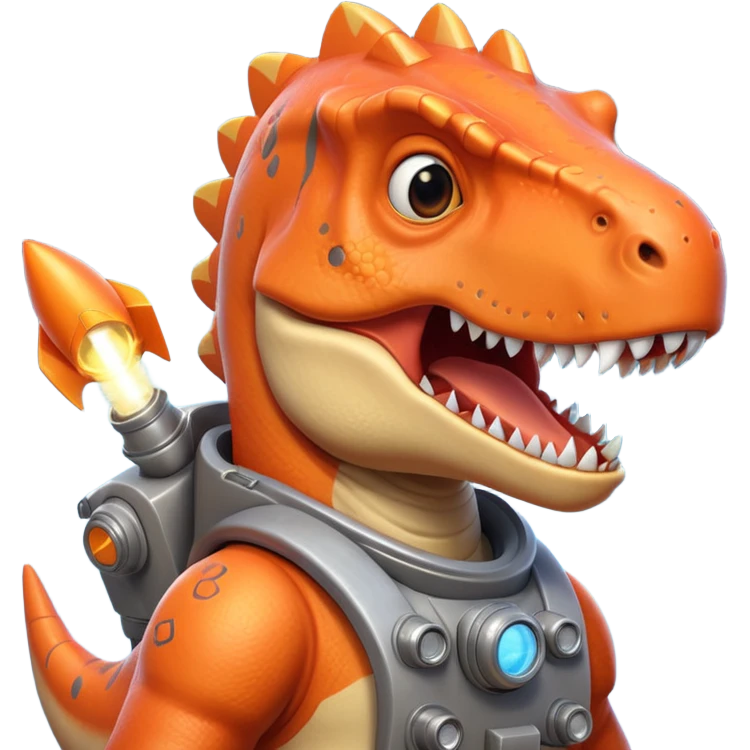 rocket-propelled dinosaur portrait, head and shoulders only, cute T-rex face, rocket pack visible behind shoulders, glowing thrusters, 3D cartoon, mobile game icon style, clean background, no text, no watermark emoji