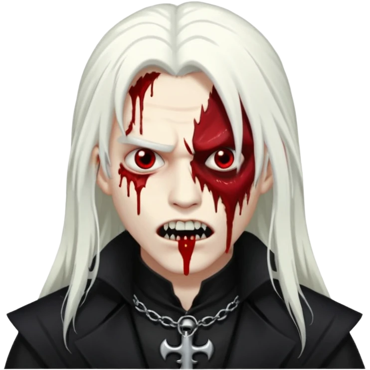 Creat a young man Vampire that have long white hair and white skin and full black eyes and bloody mouth and full black outfit and long fangs and scary eyes emoji