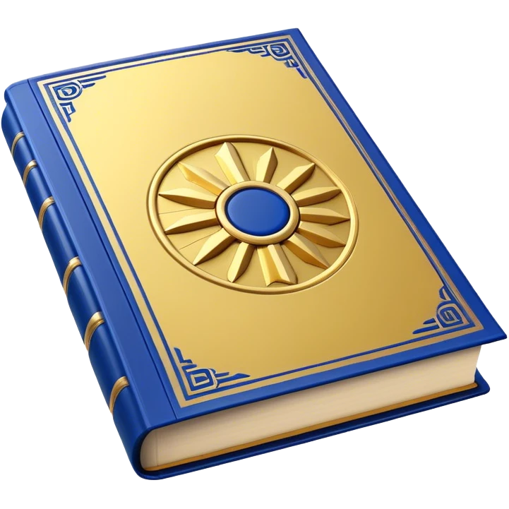 A golden yellow book with royal blue accents, smooth and polished, embossed with a symbol of six pillars, a sun, or a glowing mirror, radiating strength, confidence, and the power of self-worth.  emoji