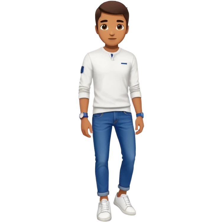 Human wearing white shoes and white shirt and blue jeans and wearing a navy blue SuperDry mark watch on his left hand emoji