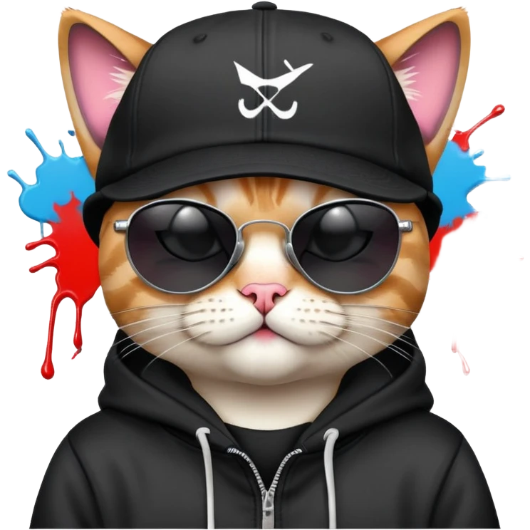 cat wearing a black snapback cap and black hoodie, with black sunglasses positioned low on his nose, winking one eye while looking directly at the viewer over the top of his sunglasses with a mischievous expression, doing graffiti with spray paint emoji