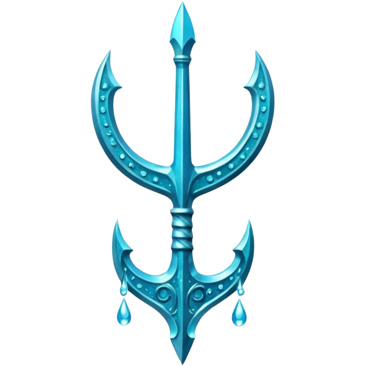Cyan Poseidon's trident with glitter and water effects around it. emoji