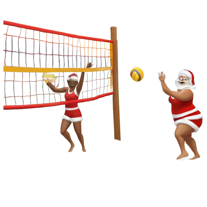 mrs claus playing beach volleyball in the north pole in the snow (should be wearing a christmas hat) in a volleyball court made from snow emoji