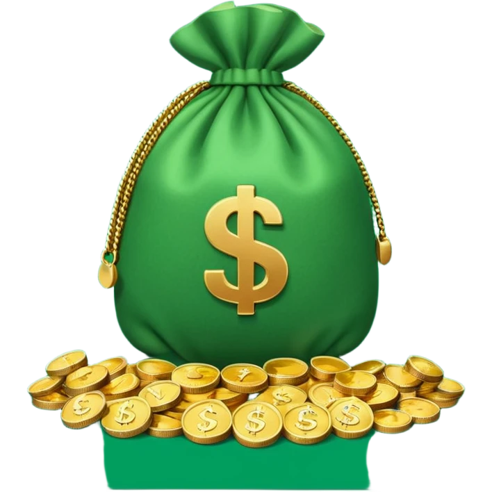 money bag featuring a play button symbol, with a pile of coins next to it emoji