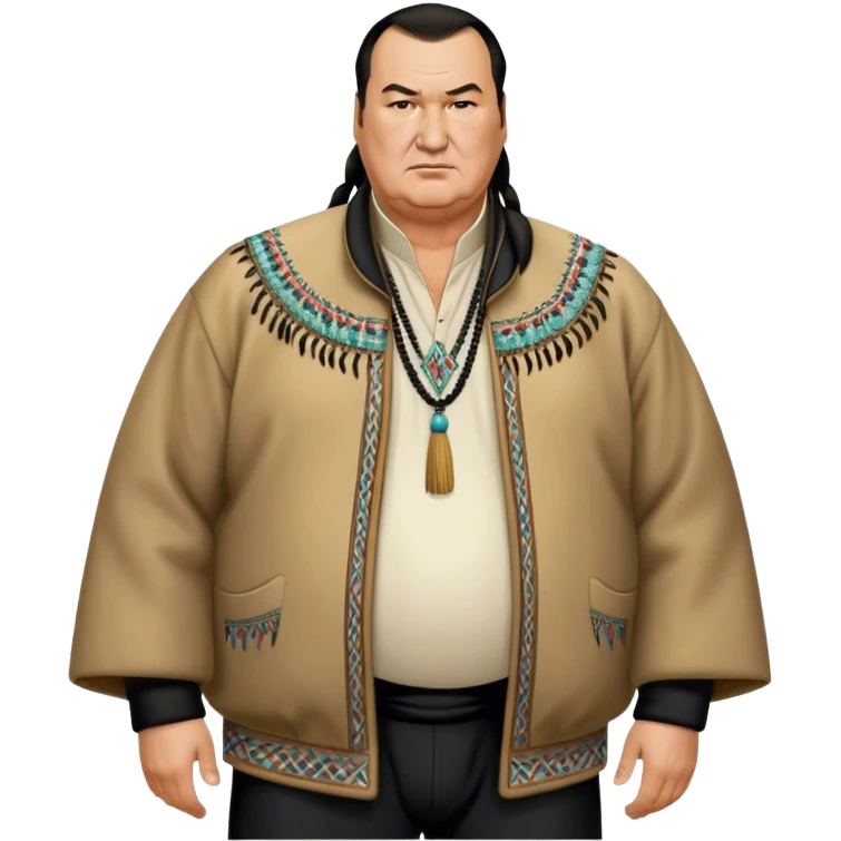 unhealthy steven segal show entire-body balding with ponytail. pot belly. native american style jacket-with-tassles black pants big belly emoji