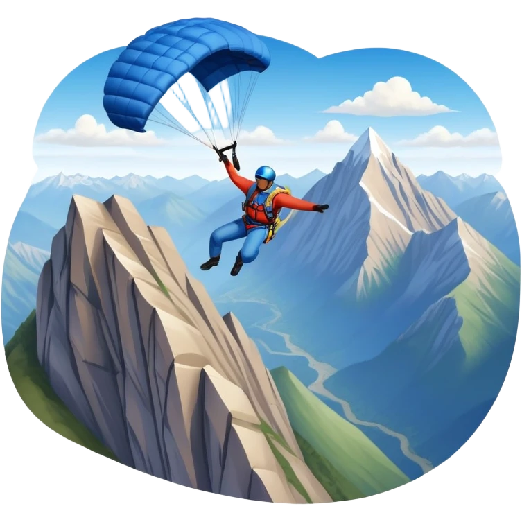 A base jumper soaring through the air, parachute deployed, flying off a steep mountain peak. The background is filled with majestic mountains, clear blue sky, and distant clouds, capturing the exhilarating thrill and beauty of extreme sports. emoji