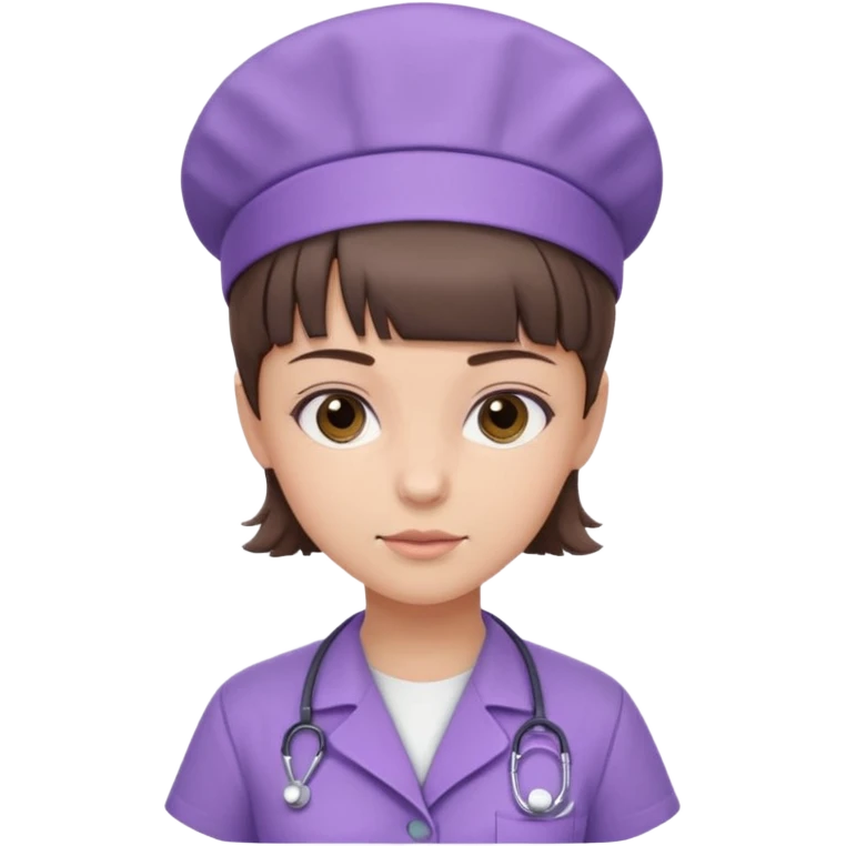 A young female slim nurse with short Brown hair with fringe over her forehead, wearing larvendar purple working cloth, without hat emoji