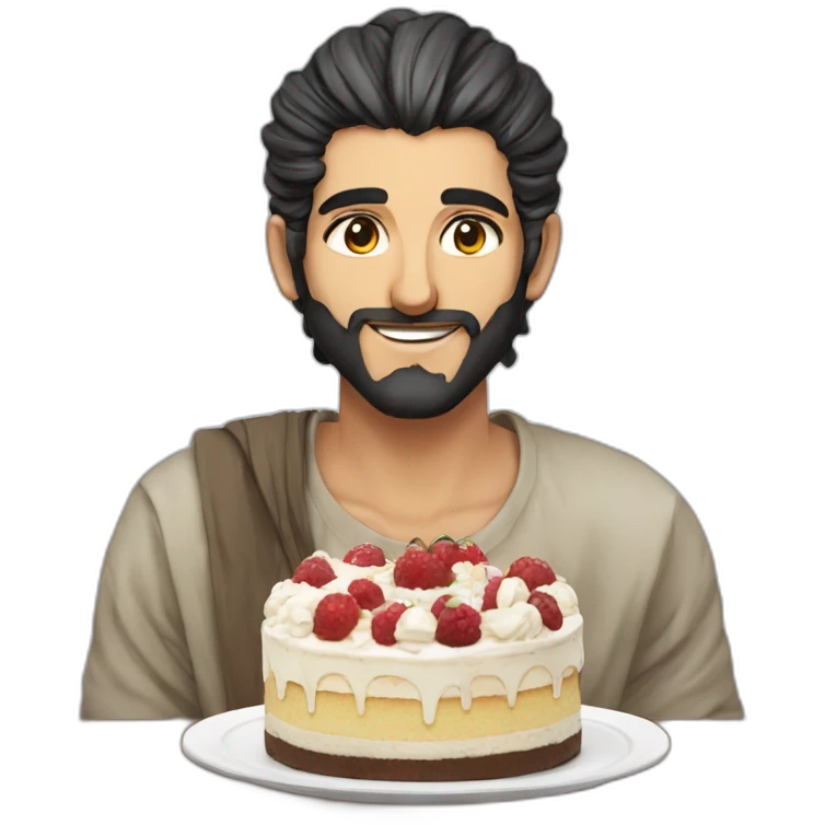 manga style middle eastern man with a manbun eating a cake emoji