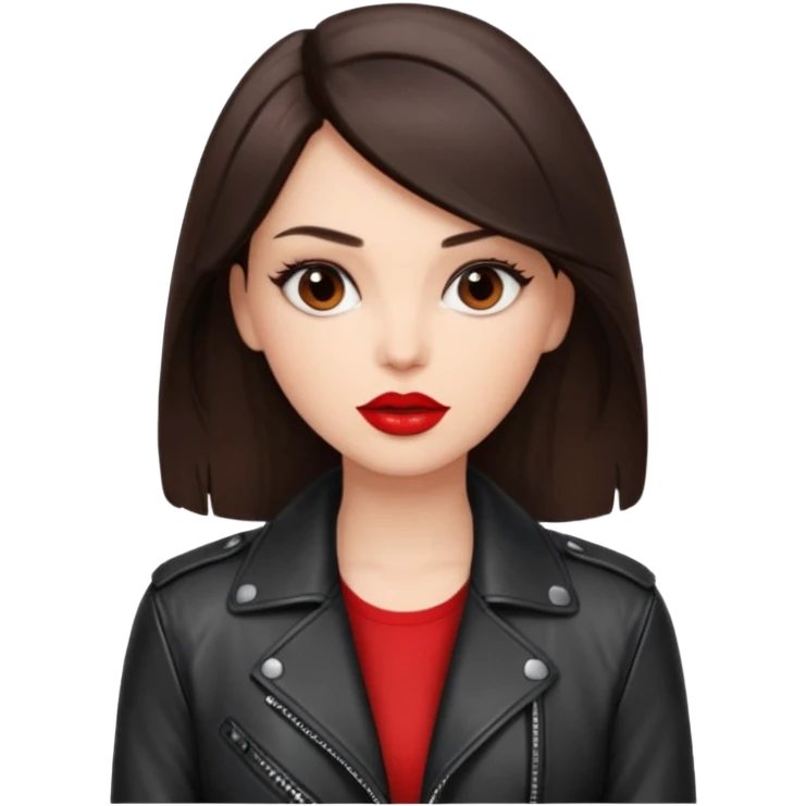 brunet in cuir jacket with red lips and black brown eyes emoji