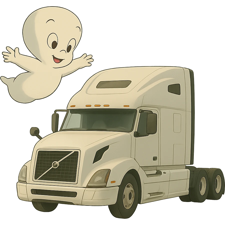 Remove the background, keep Casper the ghost floating above the white semi truck in ghibli style, with transparent background. emoji