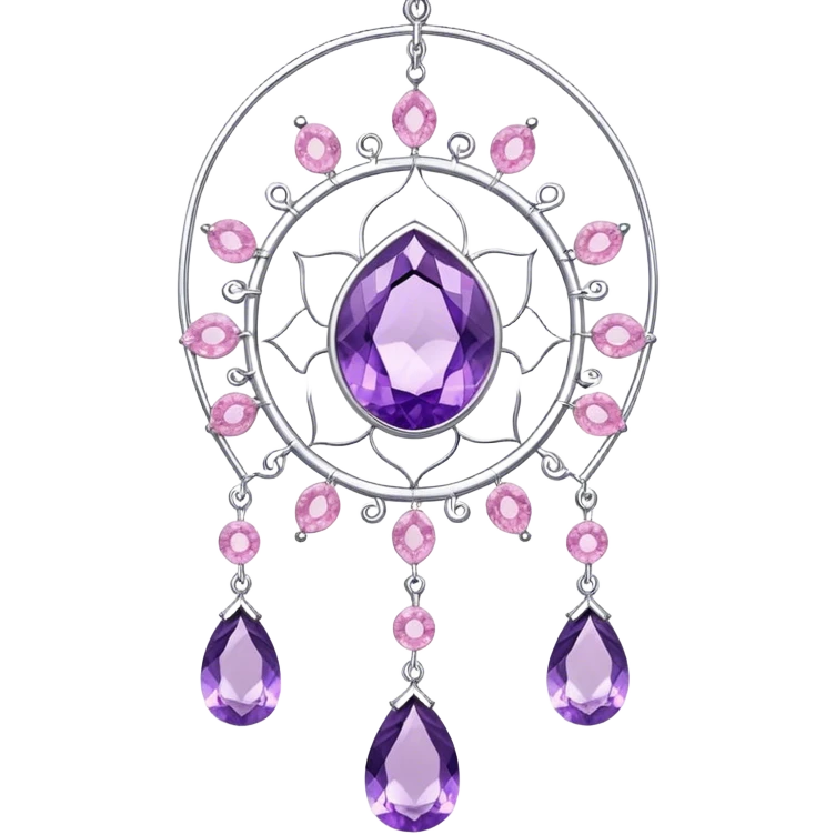 Epic Hanging silver suncatcher, threads with shiny sparkly amethyst and rose-quartz gemstones, detailed, high quality, high resolution, realistic emoji