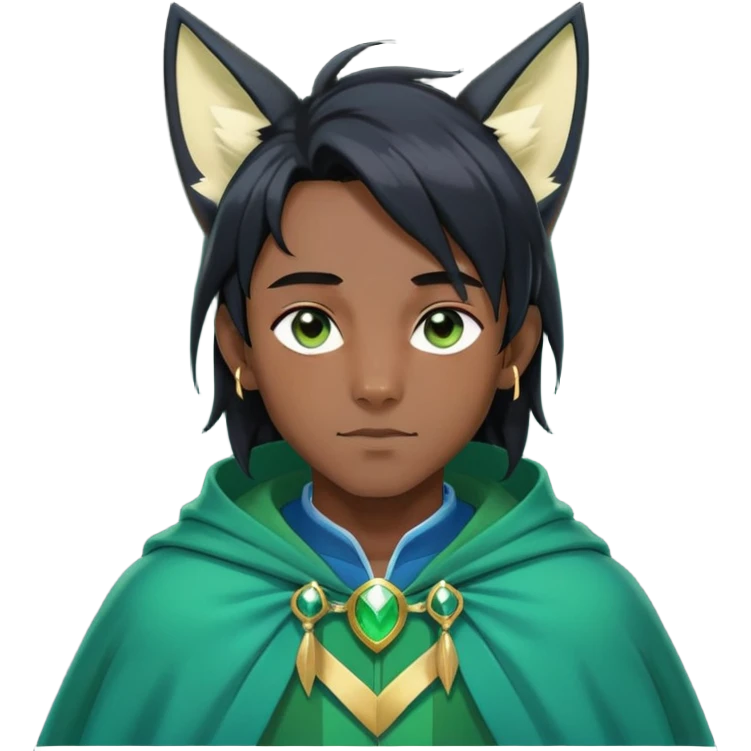 Black anime man with straight long black hair with light-green stripes in it, long black fox ears, hazel-gradient-brown-turquoise eyes, gold earring, dark blue sweater, green cape,  emoji