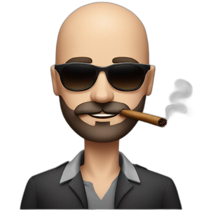 Andrew Tate, bald, small beard and mustache, sunglasses, smoking a tobacco cigar, Andrew Tate's appearance is serious emoji