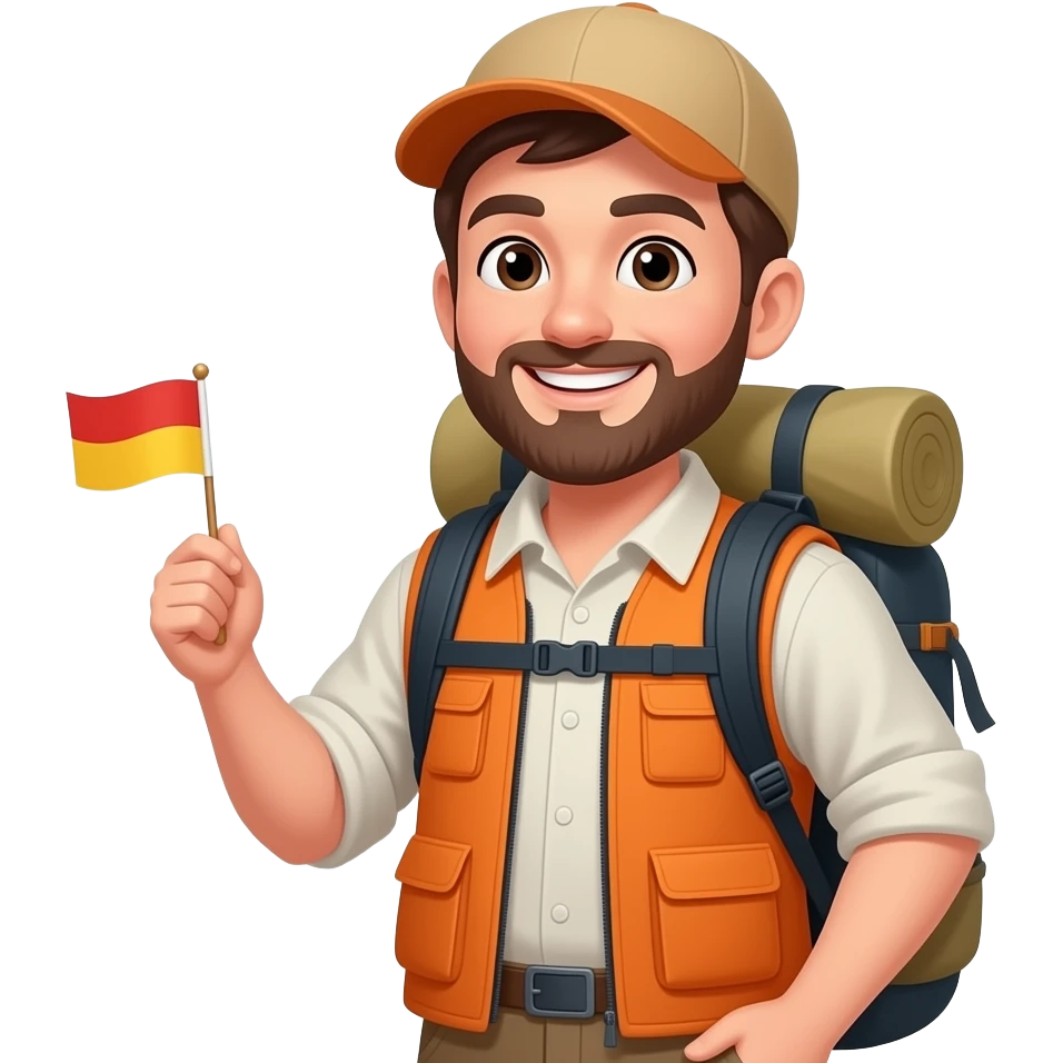 A smiling male travel guide in hiking outfit, orange vest, backpack, cap, holding a small flag, happy expression, adventure theme, Apple emoji style, 3D cartoon, simple background emoji