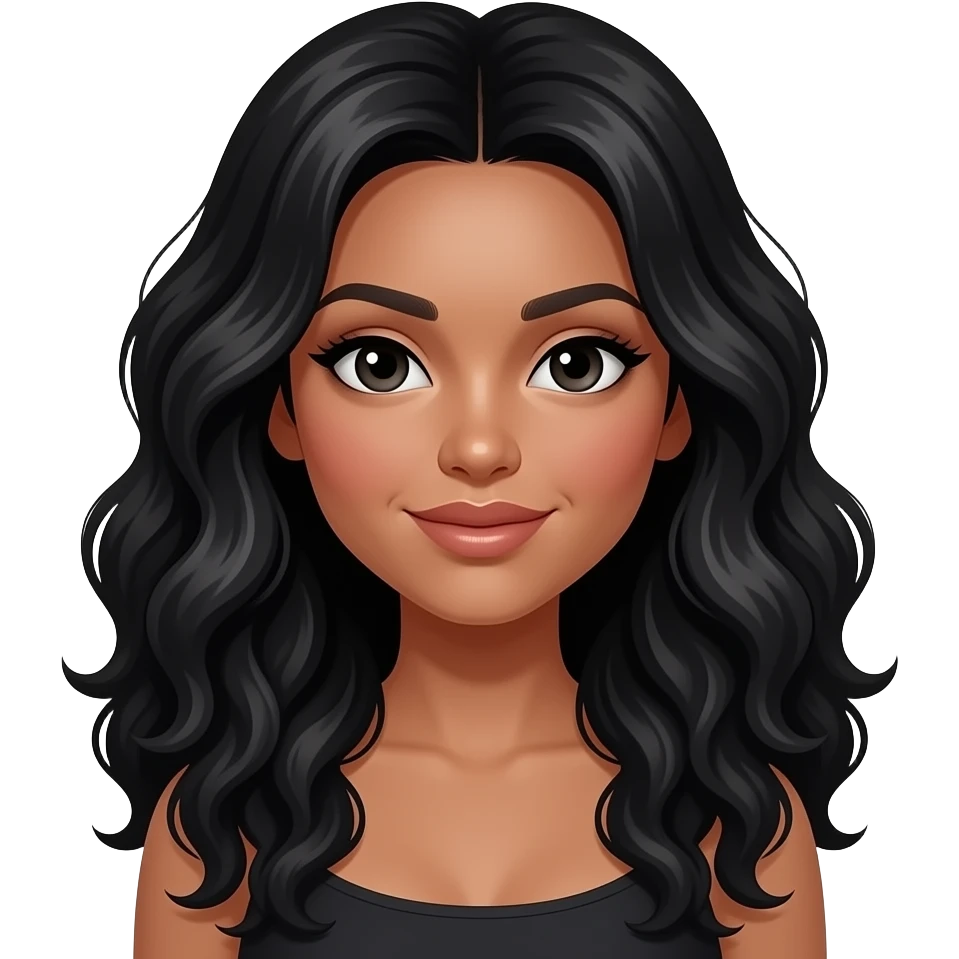 Mujer de cabello negro largo rizado y de color blanca y ojos negros maquillandose emoji