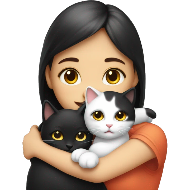 Girl hugs tricolor  and black and white two cat emoji