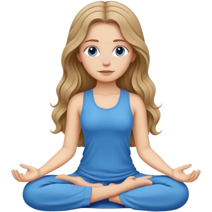 White girl, with long wavy dark blonde hair, meditating wearing blue emoji
