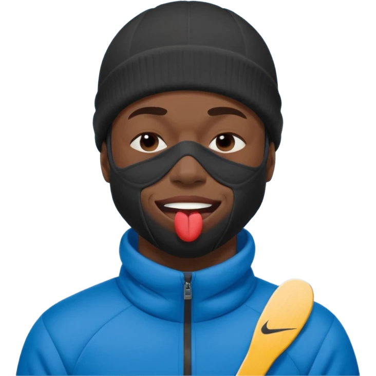 black guy with nike ski mask on squinching his face with his lips puckered trying to hold his laugh with his eyes closed emoji