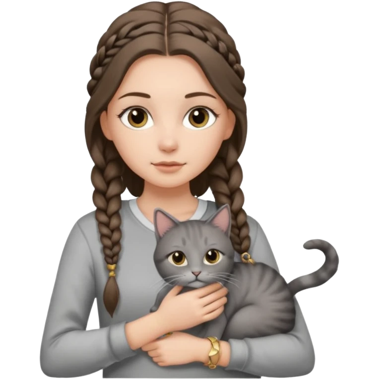 a white girl with long brunette hair in one braid that is over her shoulder. shes holding a grey cat. the girl has long lashes and has on a grey zip up that is half way zipped  and under a white shirt and gold bracelets. emoji