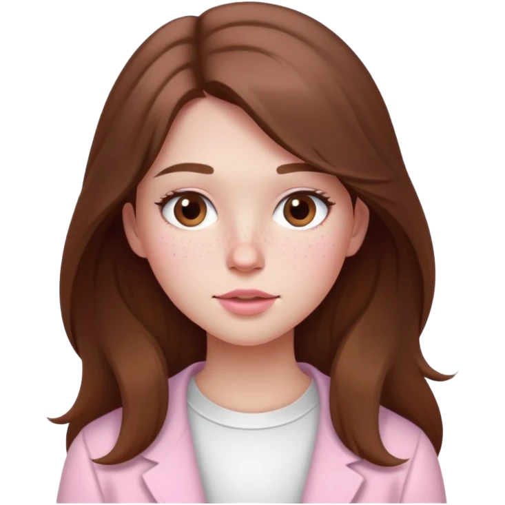 Garota de cabelos longos castanhos, sardas sutil, bochechas redondinhas e lábios levemente rosados, roupas brancas e rosas emoji