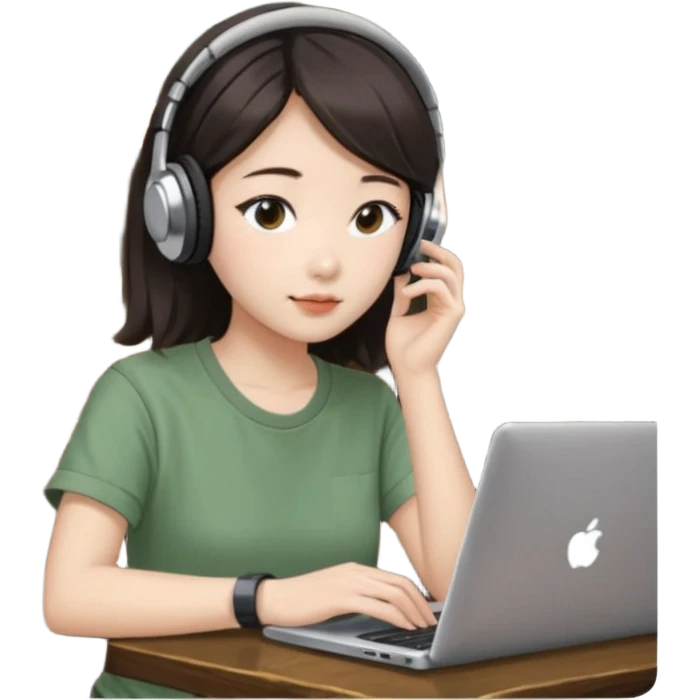 A Korean girl at a dive bar with a laptop and headphones with coffee watchin a korean drama the shirt in sage green emoji