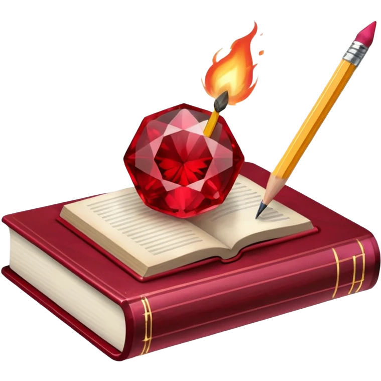 ice cube, book, pencil, match, bubble and ruby emoji