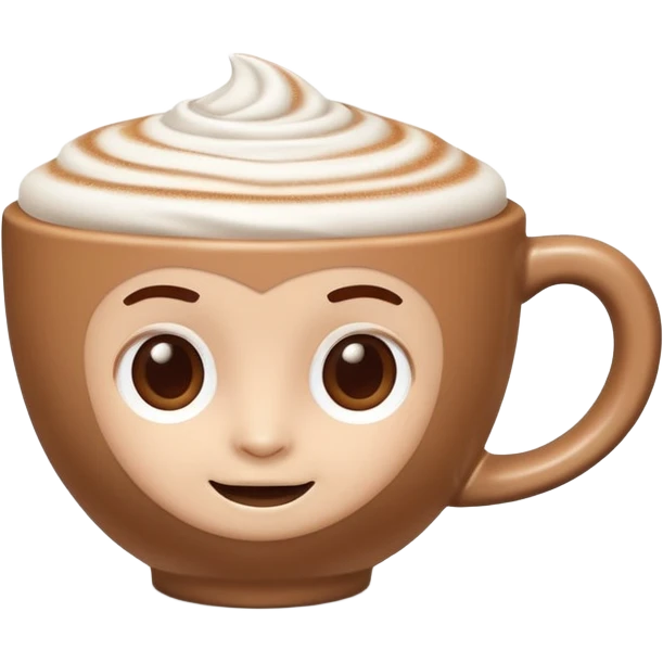 A 3D cartoon cappuccino cup with thick milk foam and light cocoa dust, no saucer, smooth ceramic texture, warm soft lighting, Memoji-style. emoji