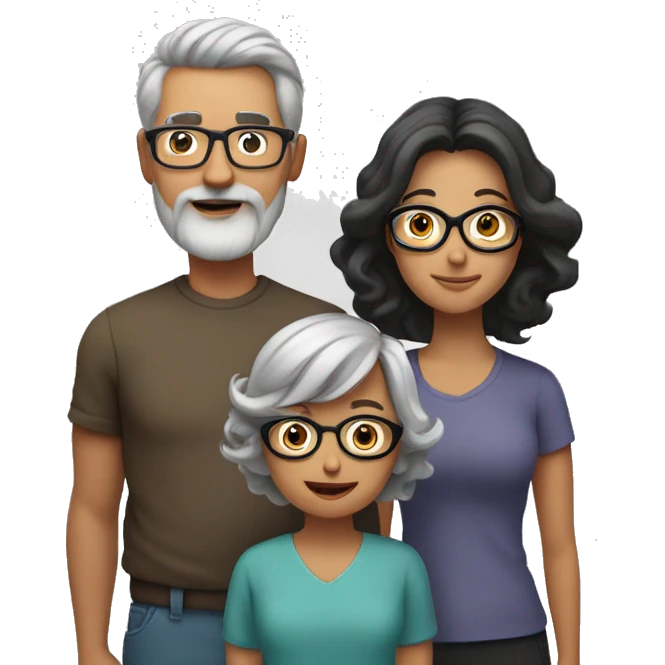 Familiy Group. Dad with grey short hair. Mother with brown shoulder long hair. Son with shorter black hair and beard. Everyone is wearing glasses emoji