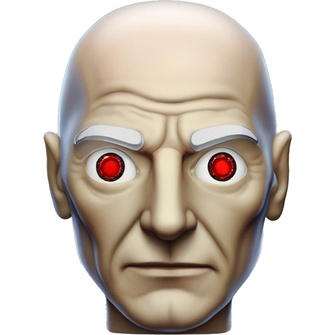 Jean luc picard from Star Trek assimilated by the Borg, with mechanical metal covering the left side of his face with a red glass lens over the left eye. His right eye looks like a normal human eye and is dark blue. emoji