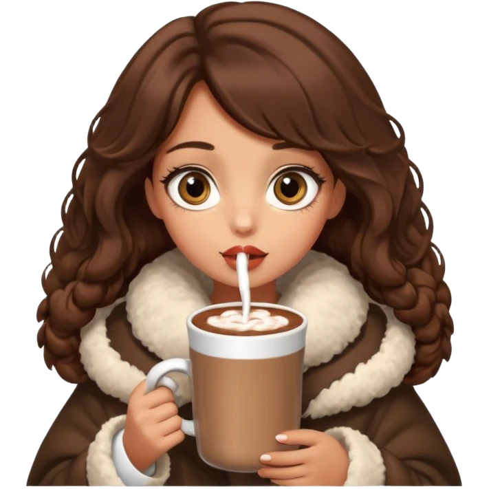 Tanned Girl with lashes , brown hair, in an extremely big fluffy oversized coat and hold hot chocolate drink and big eyes, big lip emoji