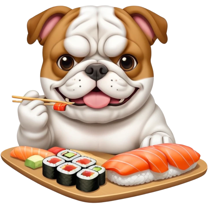 Bull dog eating sushi emoji