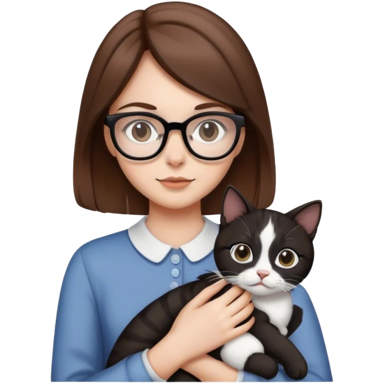 GIRL with BROWN HAIR and glasses with a  black and white cat emoji