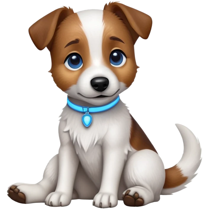 cinematic-[jack russel]-realistic-full-body-sitting-emoji,-tail-resting-loosely-beside-its-paws,blue eyes-head-tilted-dramatically, -scruffy-[brown and white]-fur,-simplified-yet-realistic-focused-features,-highly-detailed,-glowing-with-an-almost-sarcastic-glow emoji