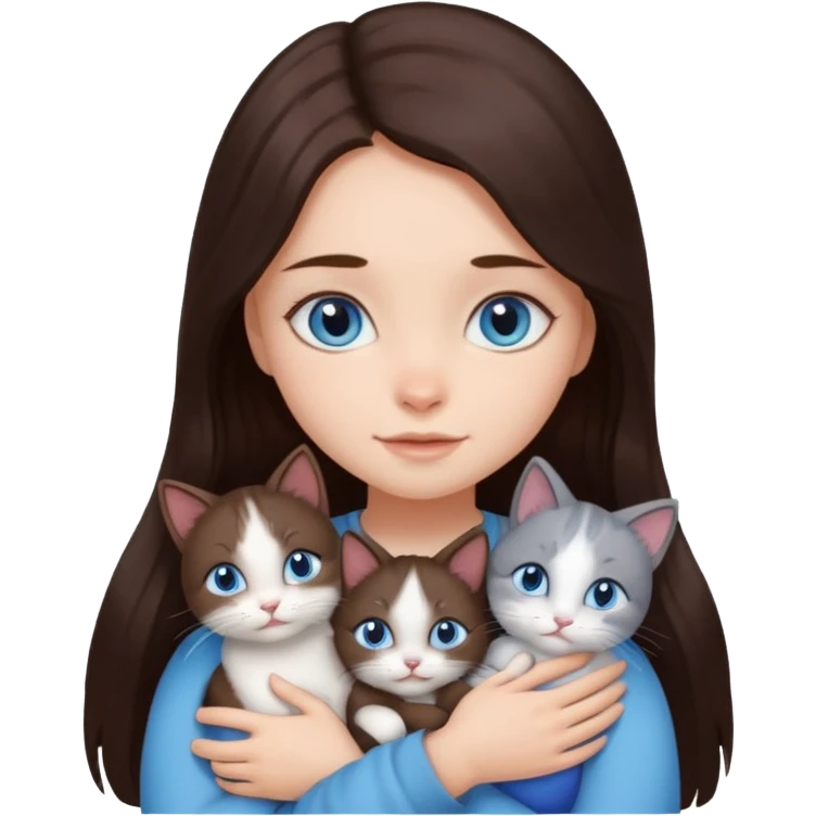 a girl with long dark 
brown hair, with blue eyes, hugs 3 different natural coloured small cats emoji