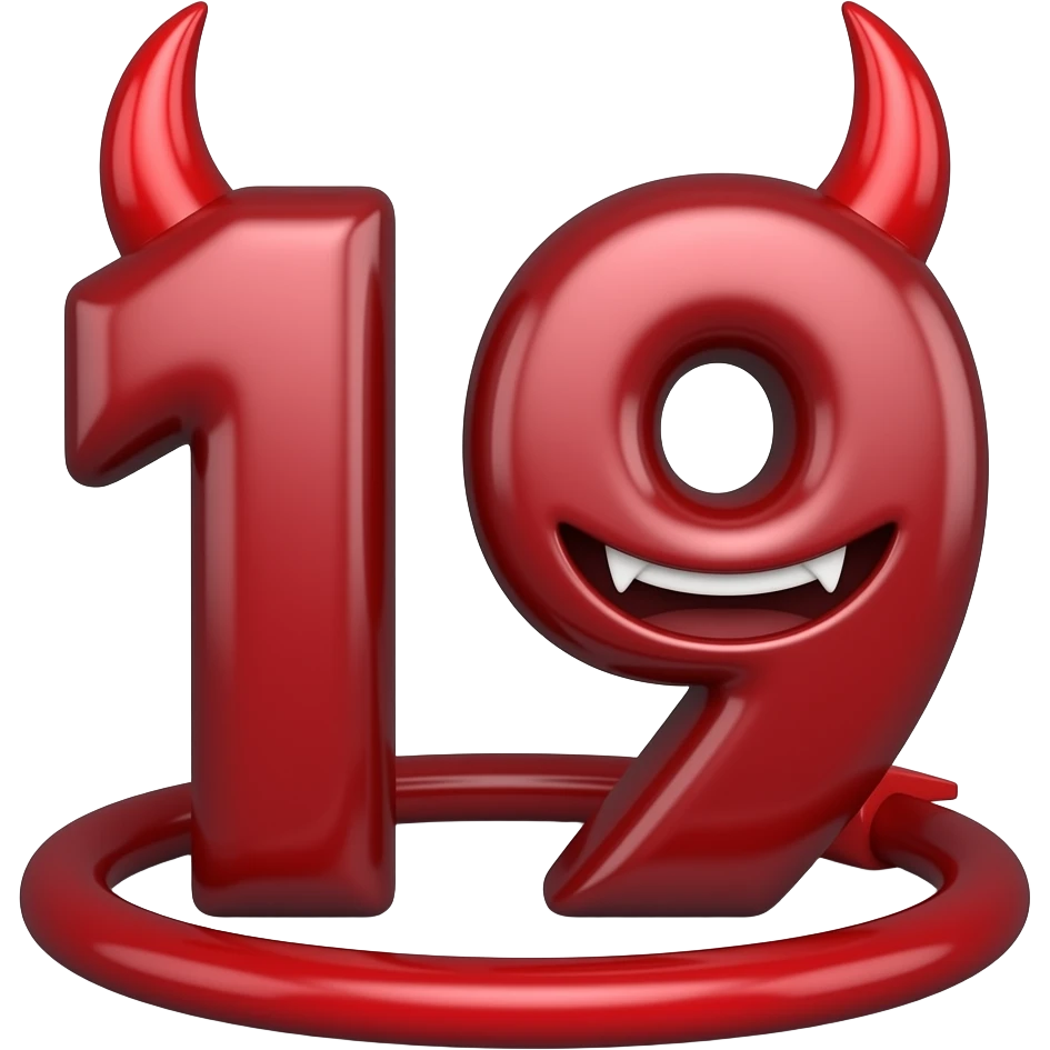 "A glossy 3D emoji of the number 19, deep crimson red color, with sharp demonic horns on top, a pointed devil tail curling around the base, and a menacing villainous grin, high detail, white background." emoji