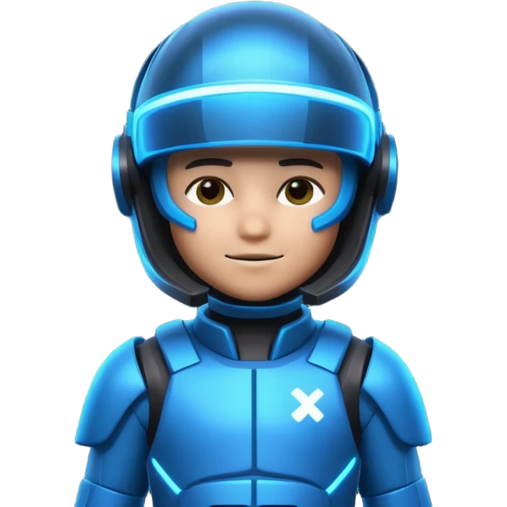“Futuristic Roblox boy emoji, 2050 style. Blue neon visor, cyber helmet, metallic skin glow, hologram lines, tech-suit with glowing seams, soft neon background.” emoji