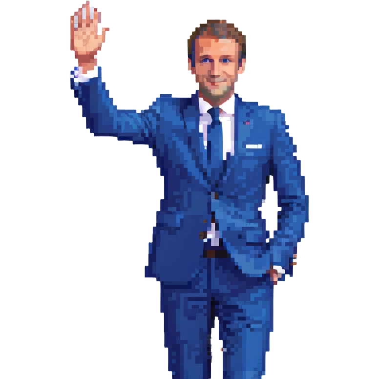 Emmanuel Macron, French president, pixel art style, blue suit, waving hand emoji