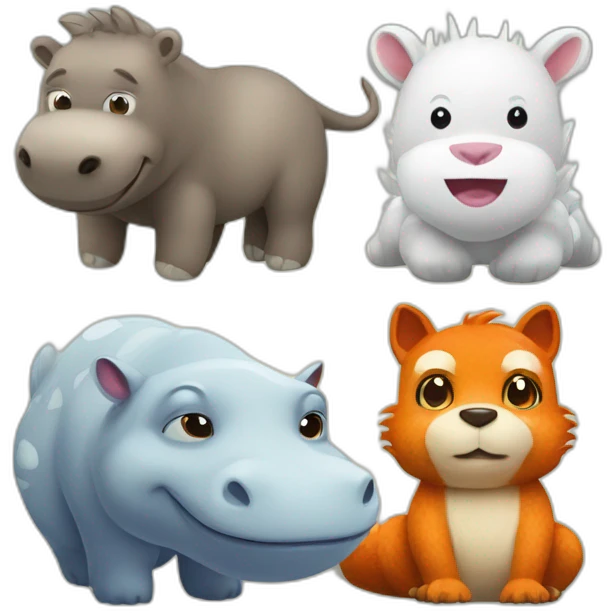 three animals in a picture, white peluche dragon,hippopotamus, fox emoji