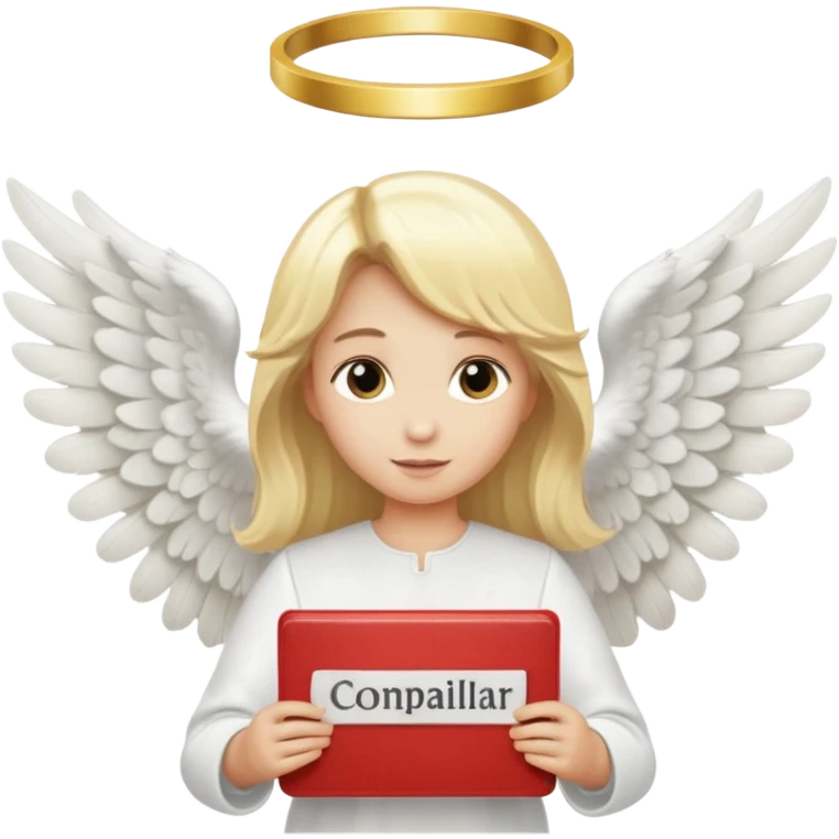 "An angel emoji with blonde hair, a halo, wings, holding a 'COMPARTILHAR' sign in bold letters." emoji