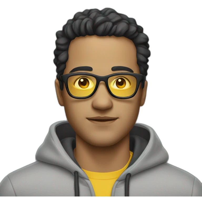 White man with yellow tinted glasses and black hair in a gray hoodie emoji