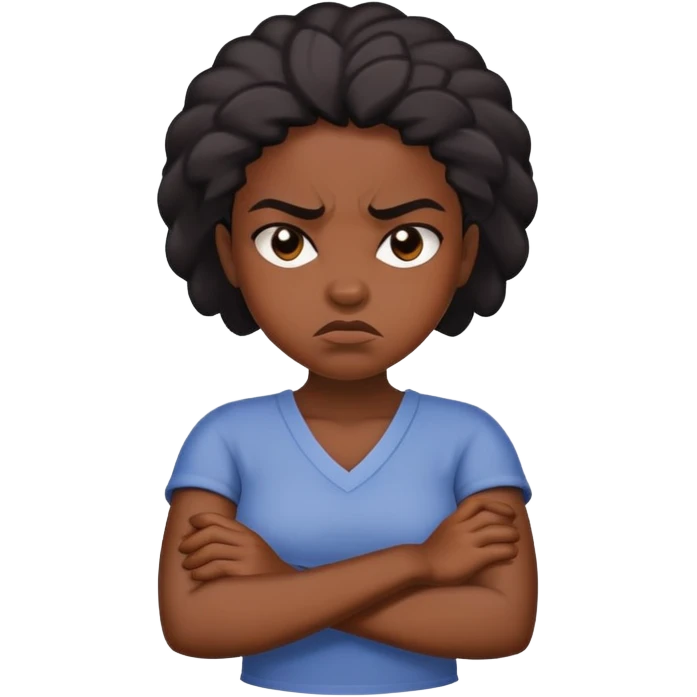 Angry Black girl with dark skin and crossed arms, frowning face emoji