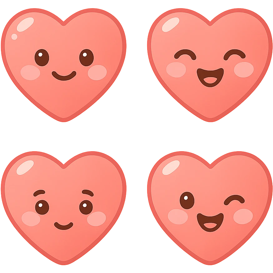 A series of illustrations heart in a kawaii emoji style, with detailed shading and highlights, thin clean outlines, soft and rounded features. Pastel color palette using  #FE655F, #F4A6A6,#FECDC9 The style is inspired by modern Japanese pop art and sticker aesthetics. Highly detailed, vector clarity, soft lighting and subtle shadows. Transparent background without background. emoji